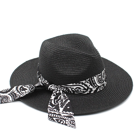 Cappello Fedora Di Paglia Falda Larga Protezione Solare Estate Spiaggia Panama Con Nastro Paisley Fiocco Donne Uomini