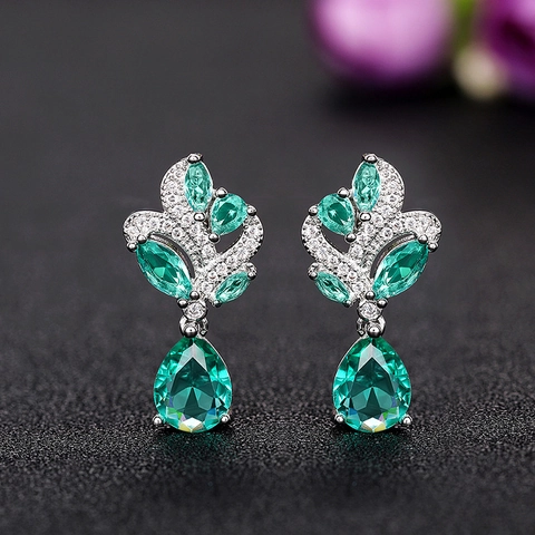 Eleganti Orecchini Pendenti in Rame a Foglia di Fiore Con Zirconia Verde Smeraldo Blu Acqua a Goccia d'Acqua per Donna Gioielli