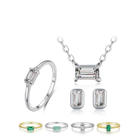 925 Sterling Silver Jewelry For Women With Emerald Cut Zircon Rectangle Necklace Earrings And Ring Geometric Elegant Luxury