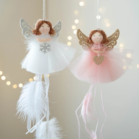 Colgante Ángel De Navidad Niña Falda De Tul Plumas Alas Brillantes Adorno Árbol Muñeca Peluche Decoración
