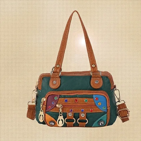 Vintage Women Crossbody Bag Washed PU Leather Handbag Multi Pocket Color Contrast Rivet Rhinestone Shoulder Purse