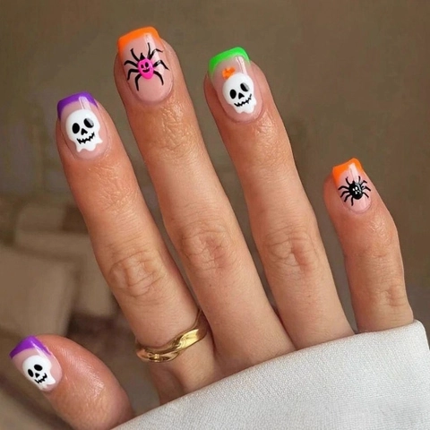 Halloween Press On Nails ABS Short Square Skull Spider Pattern French Style Purple Orange Green False Nails For Women Festive Party