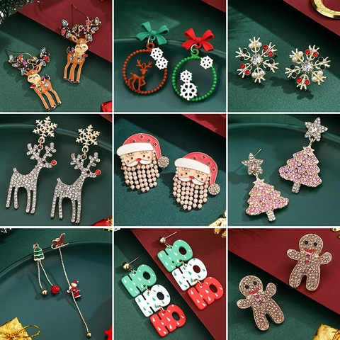 Christmas Earrings Alloy Enamel Rhinestone Reindeer Tree Santa Snowflake Gingerbread Man Dangle Jewelry For Women