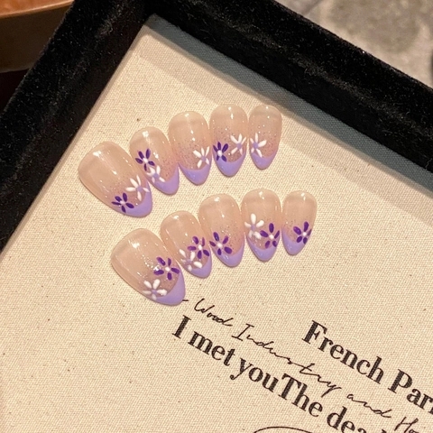 French Tip Press On Nails Purple Floral Almond Shape Glittery Elegant Fake Nails Manicure For Women