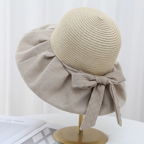 Women Elegant Summer Bucket Hat Straw Woven Fabric Wide Brim Sunshade UV Protection Bow Decor Travel Beach Sun Hat