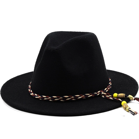 Cappello Fedora In Feltro Di Lana A Tesa Larga Stile Britannico Vintage Con Fascia Intrecciata Colorata Nappina Etnico