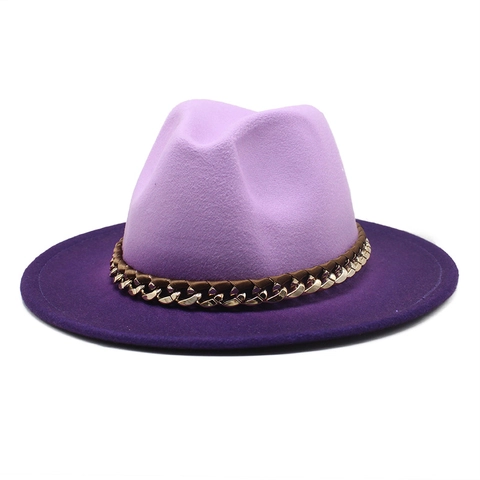Chapeau Fédora Dégradé en Laine à la Mode pour Hommes Femmes Décor de Chaîne en Métal Large Bord Jazz Cap Automne Hiver Feutre Panama