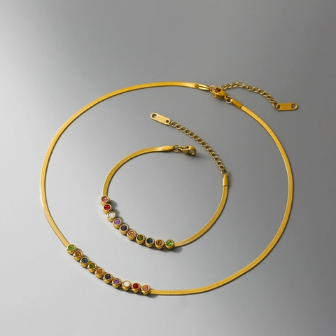 Women Gold Plated Titanium Steel Necklace Bracelet Set Colorful Zircon Round Rhinestones Elegant Snake Bone Chain Retro