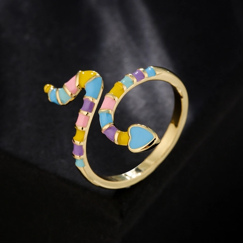 Anello Aperto Regolabile A Forma Di Serpente Rame Placcato Oro 18K Smalto Colorato Stile Boho Gioielli Da Donna