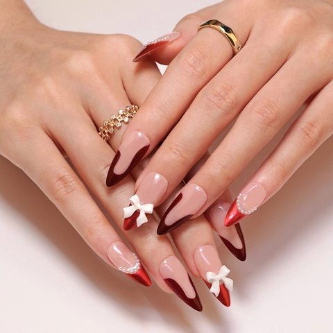 Handmade Press On Nails Almond French Tip Red 3D Bow Artificial Pearls False Nails Glossy Elegant Manicure For Women
