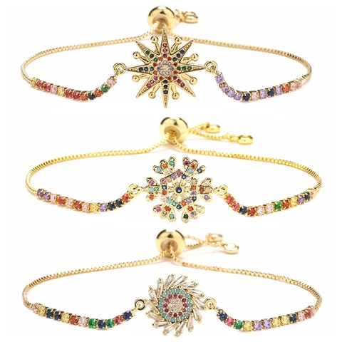 Colorful Zircon Adjustable Slider Bracelet Copper Gold Plated Snowflake Star Sunflower Jewelry For Women