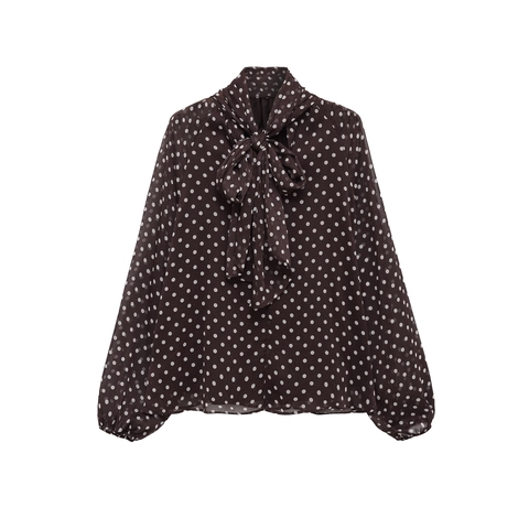 Gepunktete Langarmbluse Polyester Schluppenhemd Retro Laternenärmel Eleganter Top Damen
