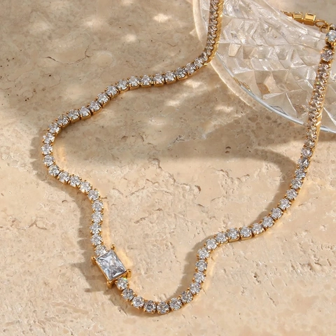 Tennis Necklace And Bracelet Emerald Cut Rectangular Zircon 18K Gold Plated Titanium Steel Elegant Jewelry For Women