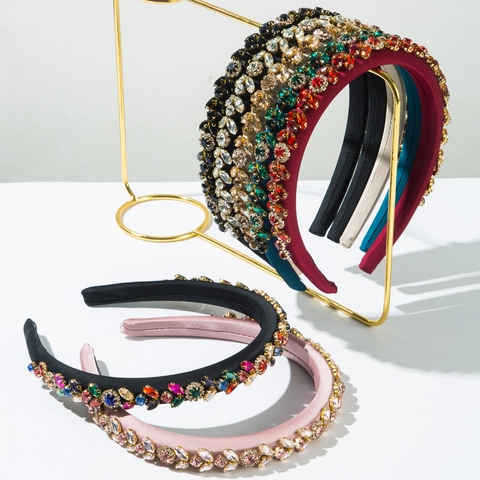 Baroque Padded Rhinestone Headband For Women Vintage Colorful Crystal Beads Floral Wide Hairband Party Fashion Headpiece