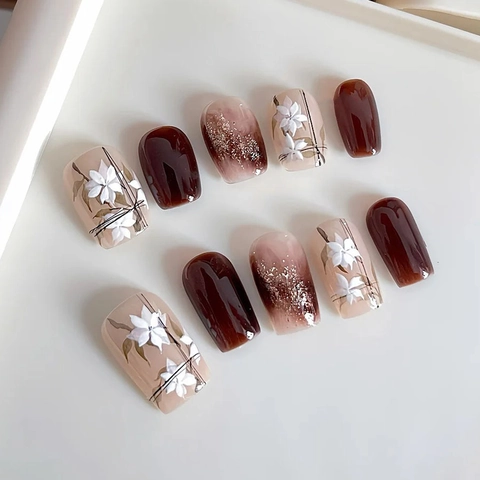 White Flower Press On Nails Caramel Brown Nude Pink Glossy Glitter Gradient Square Round Elegant Manicure Daily Accessory