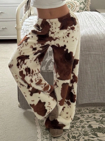 Women Wide Leg Pants Cow Print Fuzzy Plush Elastic High Waist Casual Loungewear Straight Trousers For Winter