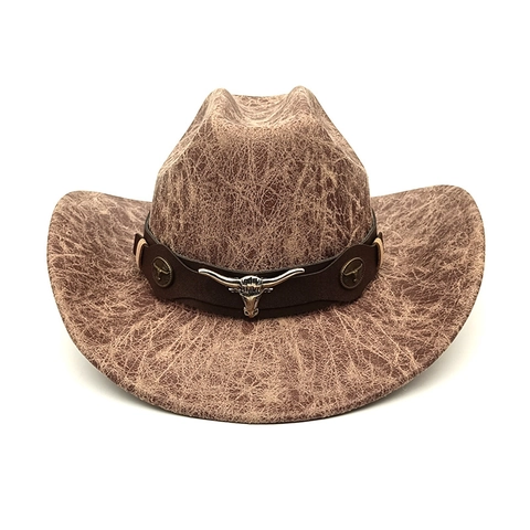 Cappello Da Cowboy Western Vintage Trama Scamosciata Tesa Larga Fedora Jazz Con Ornamento Testa Di Toro Per Uomo Donna