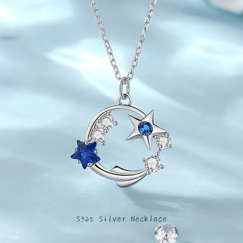 925 Sterling Silver Star Moon Pendant Necklace With Blue White Cubic Zirconia Dreamy Jewelry For Women