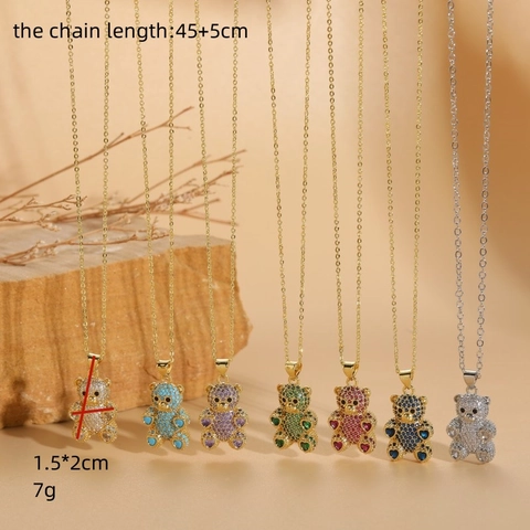 Teddy Bear Pendant Necklace Copper 14K Gold Plated Colorful Cubic Zirconia Heart Dainty Jewelry Gift For Women