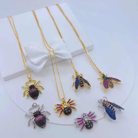 Collana Con Pendente Insetto Rame Placcato Oro Zirconia Cubica Colorata Ape Ragno Gioielli Per Donne