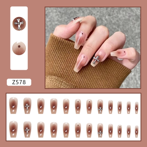 Blush Ombre Press On Nägel Lange Sargform Mit Gotischer Kreuz Metalldekoration Süßer Cooler Punk Stil Für Frauen