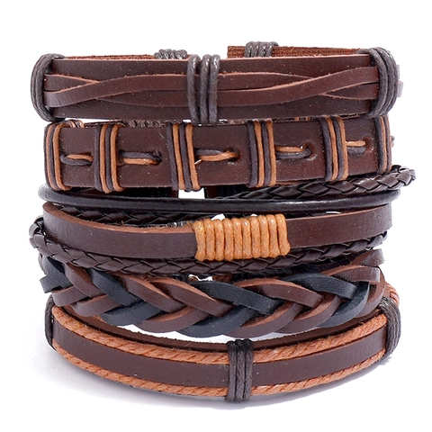 Retro Gevlochten Leren Armbanden Multi-Layered Geweven Wax Touw Hennep Koord Houten Kralen Verstelbare Unisex Punk Sieraden