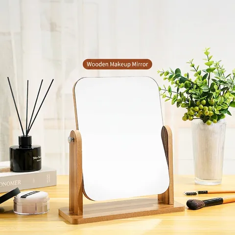 Desktop Schminkspiegel Holzrahmen Glas 360 Grad Drehbar Verstellbarer Winkel Minimalistisches Naturholzmaserung Kosmetikspiegel
