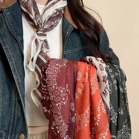 Retro Paisley Print Satinnschal Halskette Floral Leichter Chiffon Halstuch Maillard Stil Vintage Schmuck Für Damen