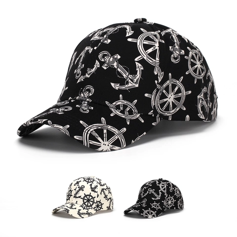 Casquette De Baseball Imprimé Ancre Nautique Gouvernail Polyester Visière Courbée Réglable Chapeau Protection Solaire