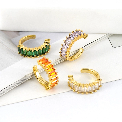 Zircon Copper Ear Cuff C Shaped Non Pierced 18K Gold Plated Rectangular Stone Cartilage Earring For Women