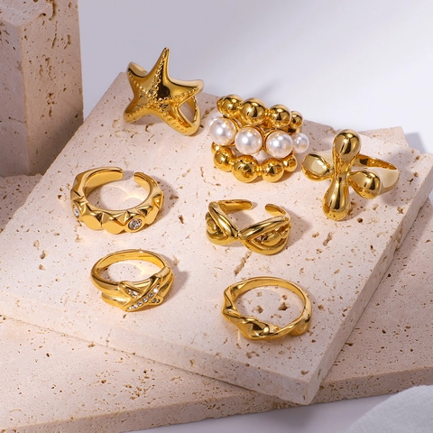 Stainless Steel Gold Rings For Women With Artificial Pearl Rhinestone Geometric Starfish Flower Adjustable Open Band