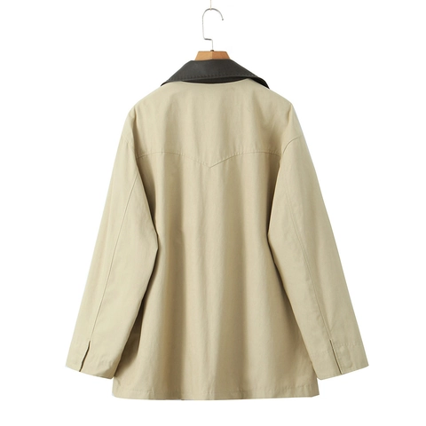 Trench Retrò Casual Da Donna Giacca Collo In Ecopelle A Contrasto Coulisse In Vita Cotone Nylon Khaki