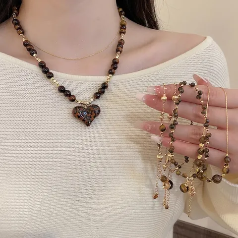 Collana Pietra Occhio Di Tigre Lega Placcata Oro 18K Zircone Pendente Cuore Leopardo Retrò Catena Clavicola Donne