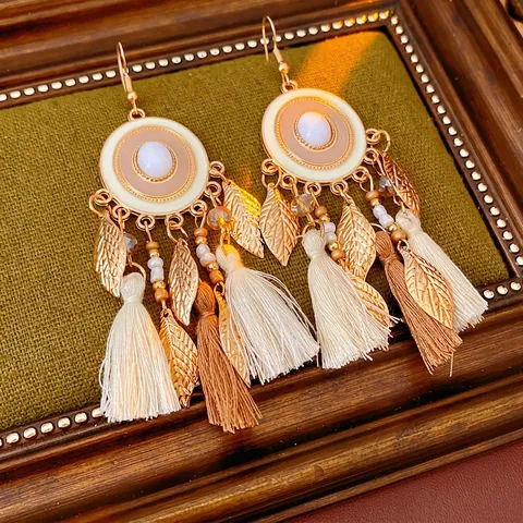 Bohemian Tassel Drop Earrings Vintage Ethnic Alloy Leaf Drip Oil Enamel Resin Stone Steel Earring Post For Women