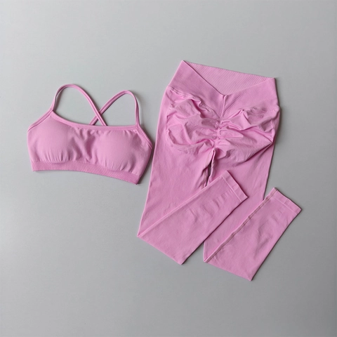 Nahtlose Damen Yoga Sport BH Und Leggings Hohe Taille Scrunch Butt Workout Sportlich Kreuzrücken Atmungsaktiv Nylon
