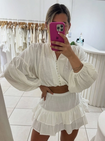Women Summer Pure Cotton Lantern Long Sleeve V Neck Button Crop Top And Ruffle Layered Mini Skirt White Sweet
