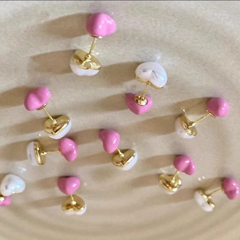 Double Sided Heart Stud Earrings Alloy Imitation Artificial Pearl Enamel Pink White Small Exquisite Jewelry For Women
