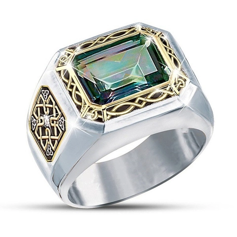 Herren Vintage Keltischer Knoten Ring Zweifarbig Legierung Smaragdschliff Grüner Stein Irisches Gebet Statement Schmuck