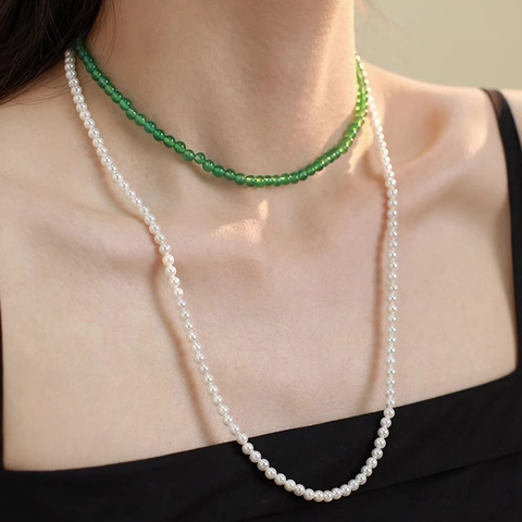 Collar Vintage de Nuevo Estilo Chino Con Ágata Verde y Perla Artificial para Mujer Joyas de Cobre Galvanizado Cadena de Clavícula