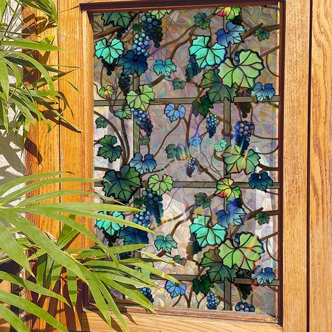 Película De Ventana Estática Privacidad PVC Efecto Arcoíris Patrón Vid De Uva Pegatina De Vidrio No Adhesiva Decoración