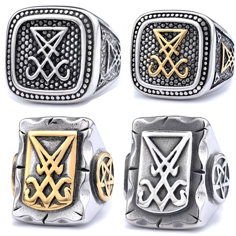 Stainless Steel Ring Sigil Of Lucifer Gothic Punk Satanic Vintage Distressed Jewelry For Men Women