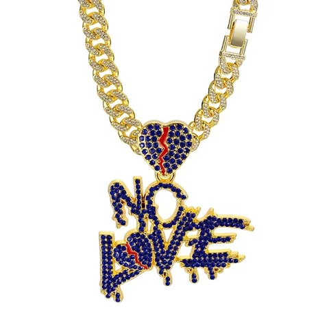 Collier À Pendentif Lettre No Love Alliage De Zinc Avec Strass Bleus Bijoux Hip Hop Chaîne Cubaine Pour Hommes