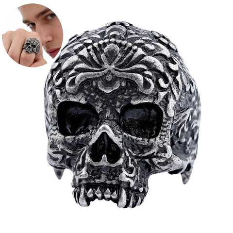 Anello Teschio Da Uomo In Acciaio Inossidabile Vintage Gotico Punk Biker Gioielli Con Motivo Floreale A Rilievo