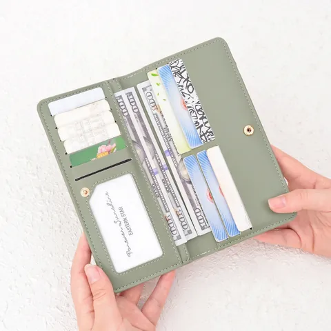 Cartera Larga Mujer Bloqueo RFID Cuero PU Ultra Delgada Color Sólido Ranuras Para Tarjetas Cremallera Bolso De Mano