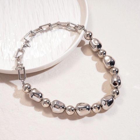 Collana Girocollo Perle Irregolari Asimmetrica Lega ABS Argento Metallico Catena Grossa Per Donne Minimalista