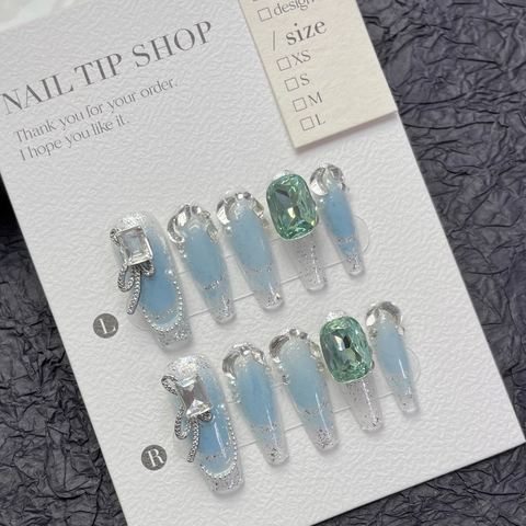 Handgefertigte Künstliche Fingernägel Hellblau Farbverlauf Smaragd Strass Silber Schleife Luxus Sarg Stiletto Kunstnägel Damen