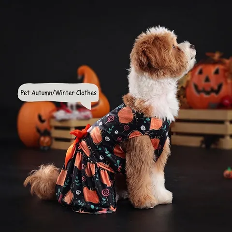 Halloween Pet Dress Pumpkin Skull Print Milk Satin Lace Mesh Bow For Small Medium Dogs Cats Holiday Party Clothing