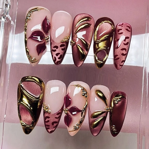 Cat Eye Aufpressnägel Retro Leopardenmuster Mit 3D Vergoldeter Blume Französischer Stil Abnehmbare Lange Mandel ABS