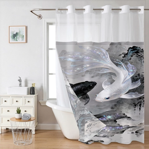Waterdicht Polyester Douchegordijn Haakloos Ringontwerp Uitneembare Voering Dubbele Laag Wafelweefsel Bloemenpatroon