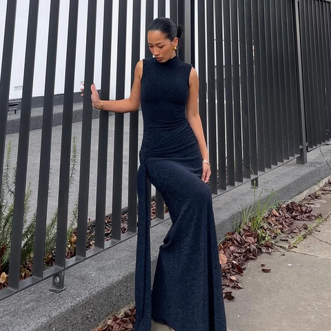 Abito Maxi Senza Maniche Collo Alto Glitter Lurex Arricciato Lacci Laterali Slim Fit Sirena Sera Party